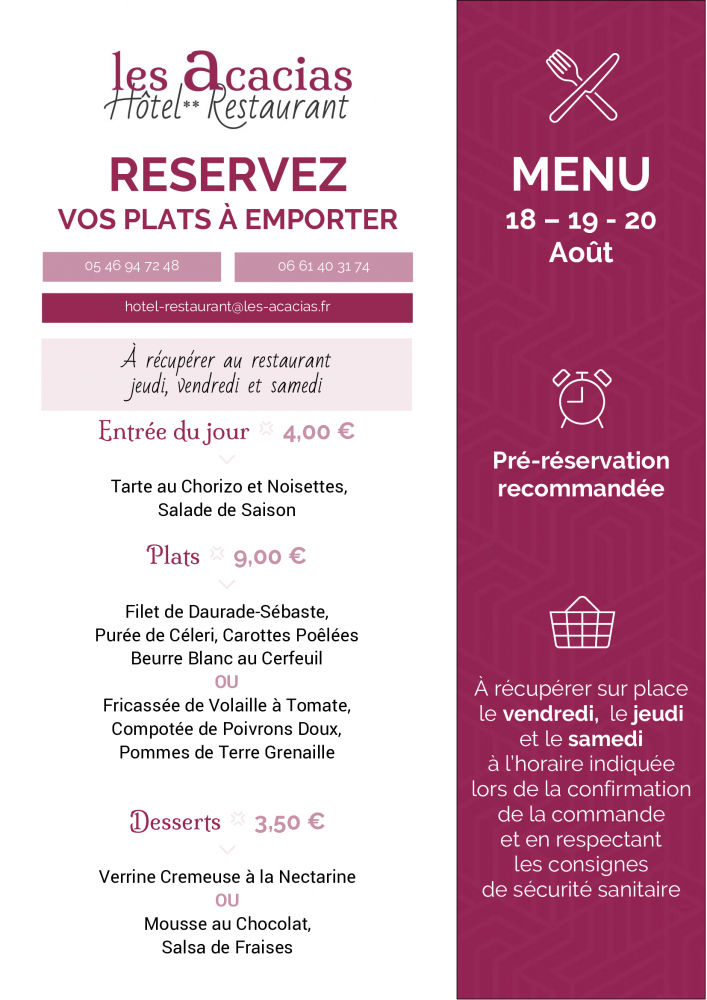 Takeaway menu at the gourmet restaurant in Corme Royal